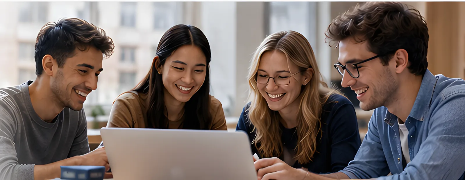 Vier Studierende lernen gemeinsam am Laptop